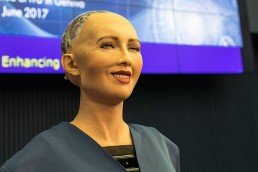 Sophia the robot speaking at the AI for GOOD Global Summit, Geneva, Switzerland