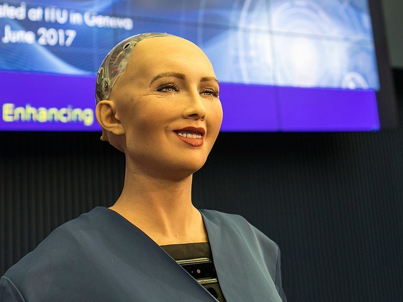 Sophia the robot speaking at the AI for GOOD Global Summit, Geneva, Switzerland.